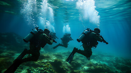 A group of Navy SEALs conducting underwater training with advanced equipment.