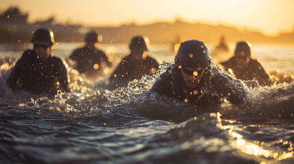 A group of Navy SEALs emerging from water in stealthy formation during a training mission.