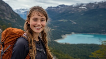 Naklejka premium Smiling Woman Hiker with Yellow Backpack on Mountain Top with Lake and Forest
