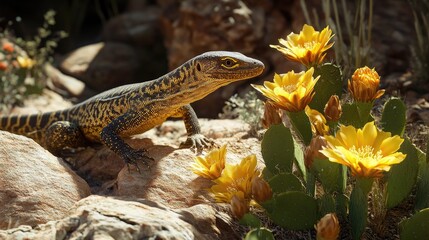 Obraz premium Lizard Among Vibrant Yellow Flowers in Natural Desert Landscape