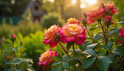 Vibrant roses of pink and yellow blooming in a garden at sunset with soft light