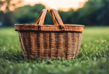 picnic basket on the grass against simple background with space for text