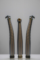 Dental hand instruments used in dental treatments. A rotary handpiece fitted with a bur, used to cut and abrade enamel tissue. Tooth decay and root canal treatment.
