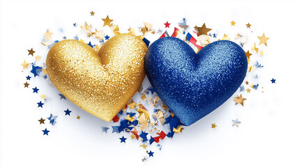 Two sparkling hearts, one blue and one yellow, are surrounded by decorative confetti, embodying love and connection
