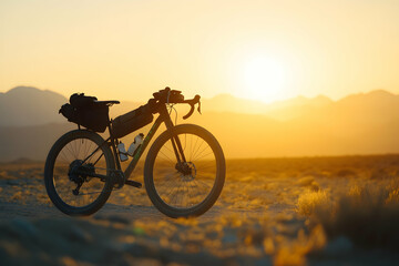 Fototapeta premium Majestic trekking bike silhouetted in the backlight of a glowing sunset