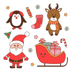set of isolated Santa Claus, reindeer, gifts, penguin