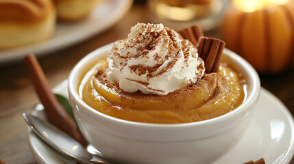 Pumpkin soup served with a dollop of whipped cream, cinnamon dusting, and a side of cinnamon rolls.