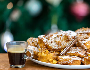 Authentic sweet Christmas French toast served with sugar and cinnamon in a Christmas atmosphere