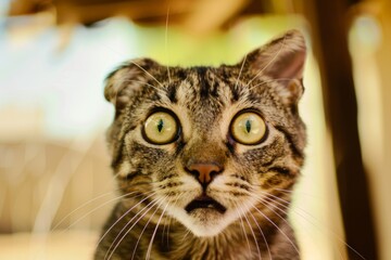 This cute tabby cat displays a surprised expression eyes wide open and mouth slightly agape. The setting is bright and sunny emphasizing the cats playful curiosity and charm.