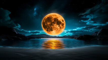 A stunning, large orange moon reflects on a tranquil ocean, surrounded by dark clouds and rocky shorelines under a night sky.