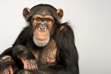 Naklejka premium This chimpanzee sits calmly exuding a sense of peace and curiosity. The stark white backdrop highlights its expressive features and natural grace inviting admiration for wildlife.