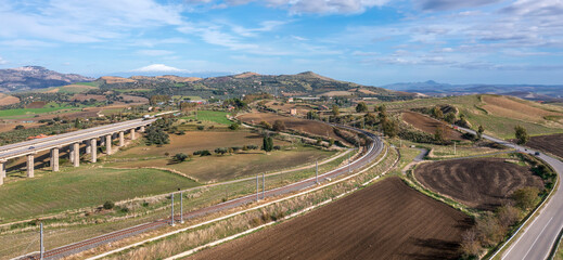 Amazing view from a drone of a landscape with a highway.