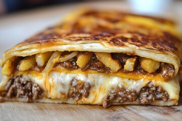 A delicious french taco with minced beef, french fries and melted cheese