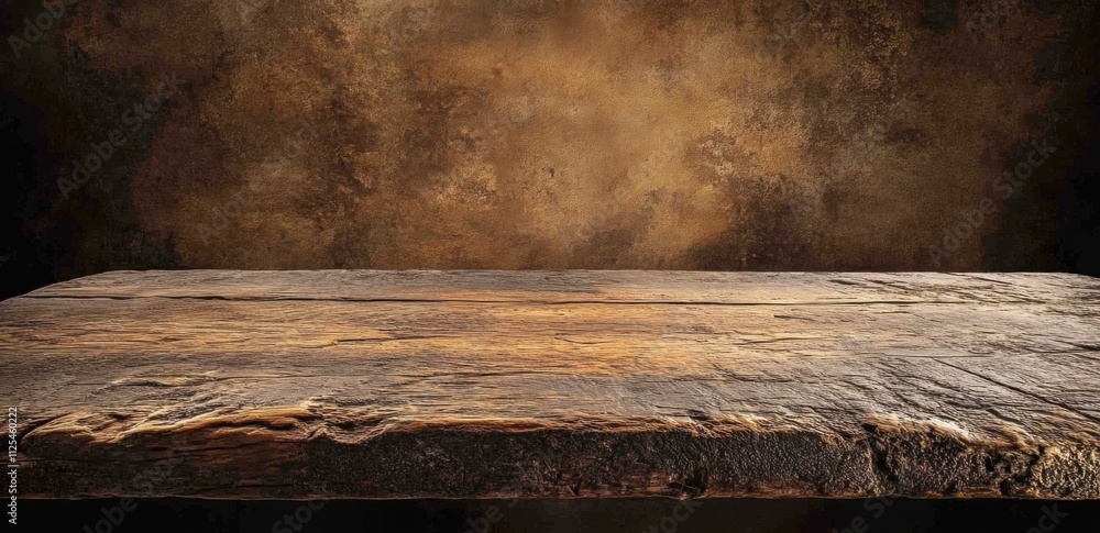 Poster a rustic wooden table with an aged, textured surface against a dark brown background, suitable for p