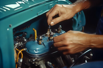 Mechanic removing spark plugs from an engine, emphasizing hands-on repair work