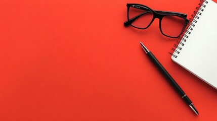 Top-down view of black glasses, pen, and open spiral notebook on a bright red background with room for text