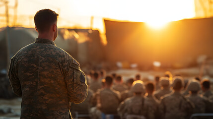 A military chaplain conducting a service for soldiers gathered in a remote base.