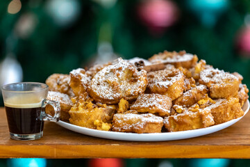 Authentic sweet Christmas French toast served with sugar and cinnamon in a Christmas atmosphere