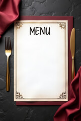 Blank menu card bordered with delicate patterns, placed beside golden cutlery and a folded red cloth on a textured dark surface. Menu template, mockup for copy space