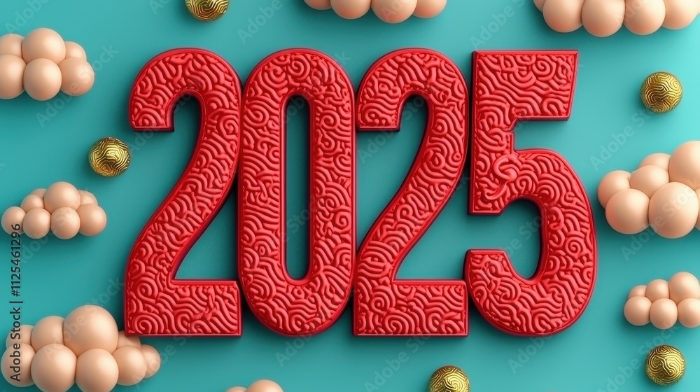 Poster a vibrant 3d rendering showcasing the number 2025 in bold red with gold accents, accompanied by soft