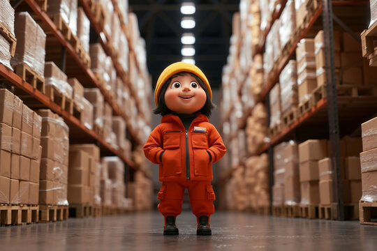 A little boy in an orange jumpsuit standing in a warehouse