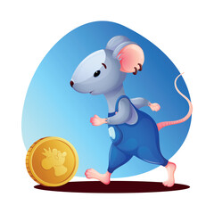 Funny little mouse in blue overalls with a pocket runs after a coin