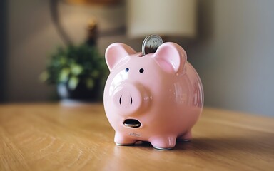 Cute pink piggy bank on a wooden table with a blurred background, representing savings, finance, and the importance of budgeting for personal money management