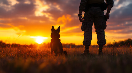 A military K-9 handler training with their dog in an open field at sunrise.