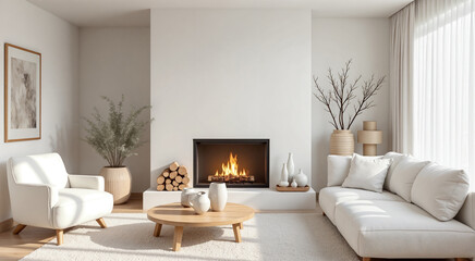 Naklejka premium Minimal living room with fireplace and neutral decor