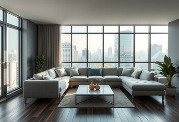 Cozy modern living room with city view