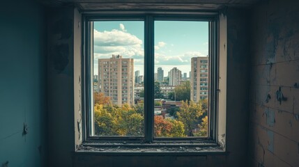 Fototapeta premium Urban View Through Abandoned Window in a Decaying Interior Scene
