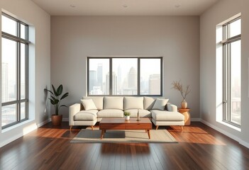 Modern minimalist living room with city view