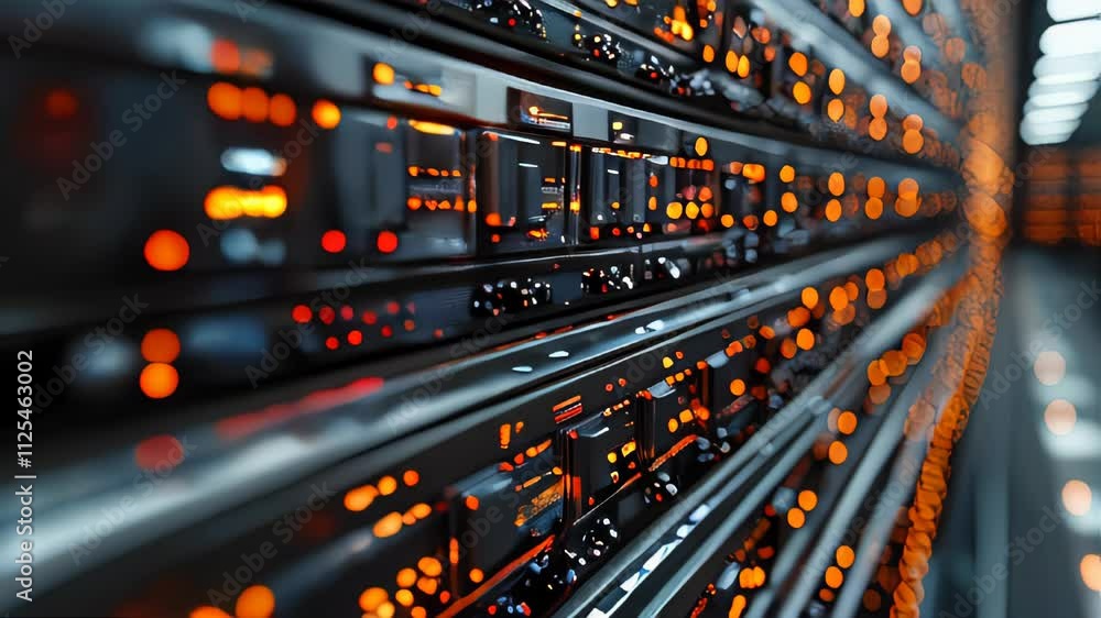 Poster close-up of a futuristic data server with bright orange led indicators. the image highlights the tec