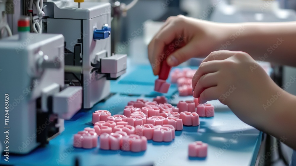 Aufkleber workers assembling plastic products in factory with automated machines industrial environment effici