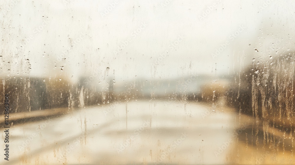 Leinwandbilder raindrops create a soft focus effect on a window, distorting the view of an empty street on a rainy 