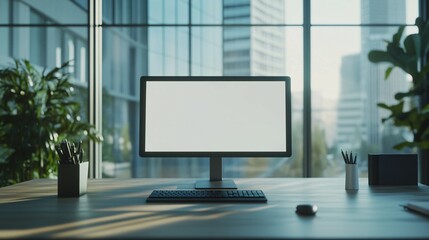 Fototapeta premium Modern Office Workspace With Blank Computer Screen