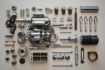 Modern car engine components neatly laid out, showcasing innovative automotive engineering