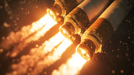 A nighttime space launch with the rockets engines illuminating the ground below in brilliant shades of orange and white.