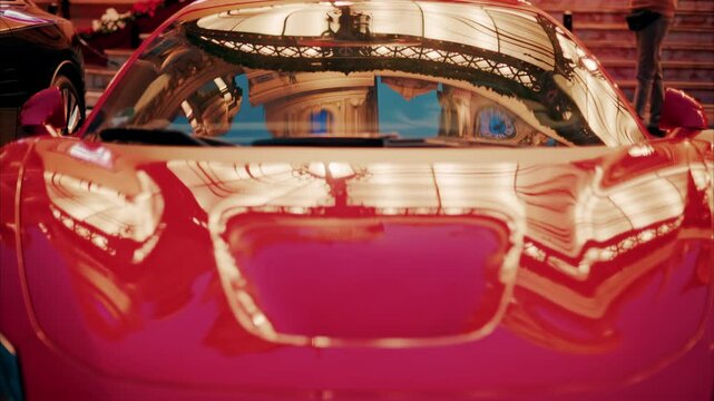 Close up of a red car in the courtyard of the Monte Carlo Casino in Monaco, decorated for Christmas in the evening