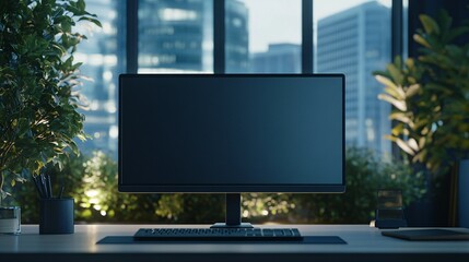Fototapeta premium Modern Desktop Computer Setup With City View