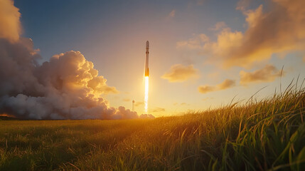 A panoramic view of a rocket launch at dawn with golden sunlight illuminating the smoke and fiery engines.