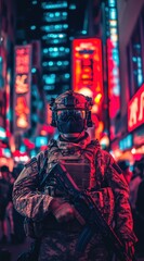 Fototapeta premium Special Forces Soldier in Helmet and Tactical Vest Ready for Action in Neon-lit City Streets