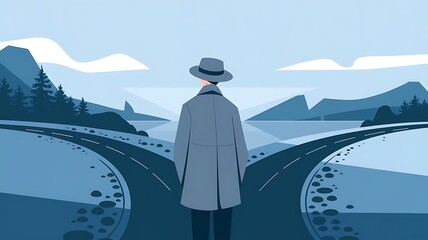 A person standing at a crossroads and choosing a path without hesitation, symbolizing decisiveness in making life choices	
