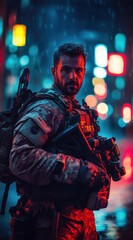 Obraz premium Special Forces Soldier in Helmet and Tactical Vest Ready for Action in Neon-lit City Streets