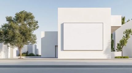 A blank billboard is mounted on a white building, with trees and a street visible in the background