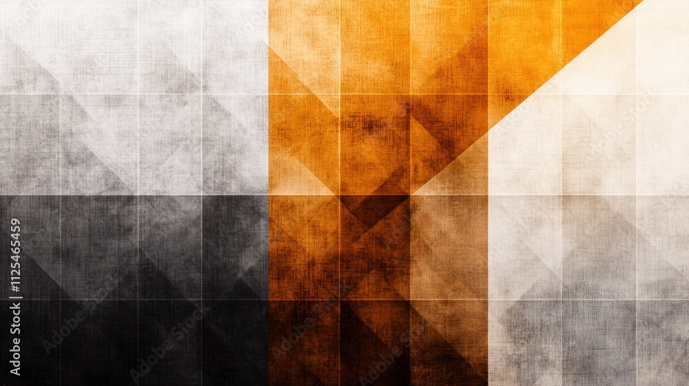 Poster geometric pattern with triangles in shades of orange, white, and black, creating a sense of depth an
