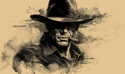 Watercolor portrait of a man in a hat and with a cigar.