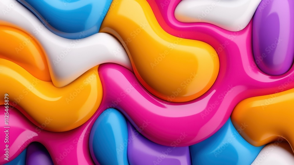 Poster vibrant and colorful abstract pattern with a 3d effect, consisting of swirling, glossy shapes in var