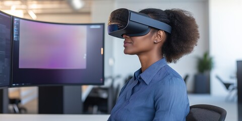 A woman wearing a blue shirt is sitting in front of a computer monitor. She is wearing a virtual reality headset and she is focused on the screen. The room is filled with various objects