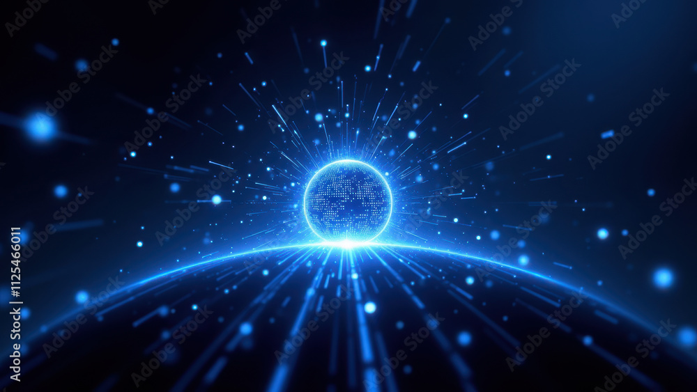 Poster a digital graphic with a futuristic theme featuring cosmic elements like stars and light beams cente